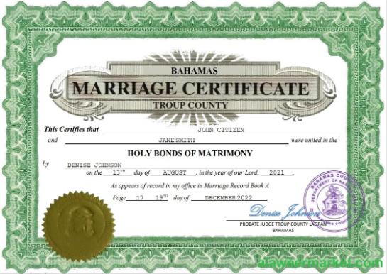 Bahamas marriage certificate Word and PDF template